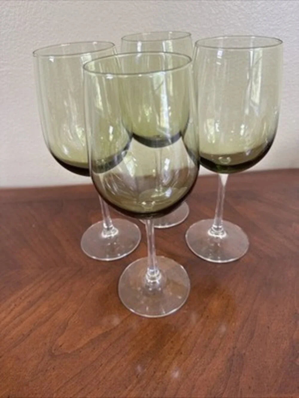Pier 1 Hand Blown Pantiago Olive Green Avocado MCM Crystal Wine Glasses Set Of 4